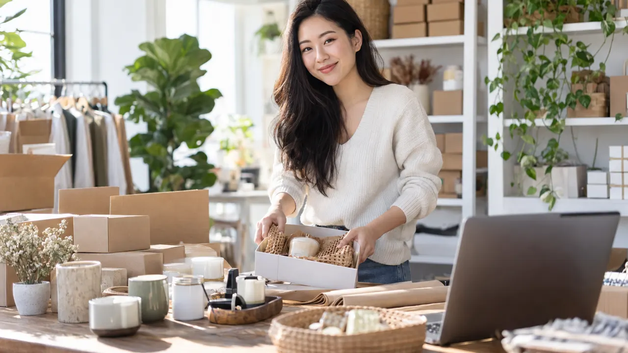 Una vendedora de Amazon trabaja con orgullo en un estudio luminoso en casa, lleno de productos bien empacados; el trabajo se ve hermoso y nítido