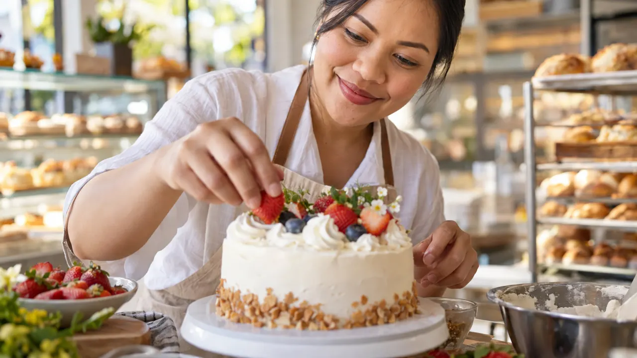 Primer plano de las manos de una mujer, dueña de una panadería, trabajando con cuidado, con el resultado final hermoso y bien enfocado, en su luminosa panadería…