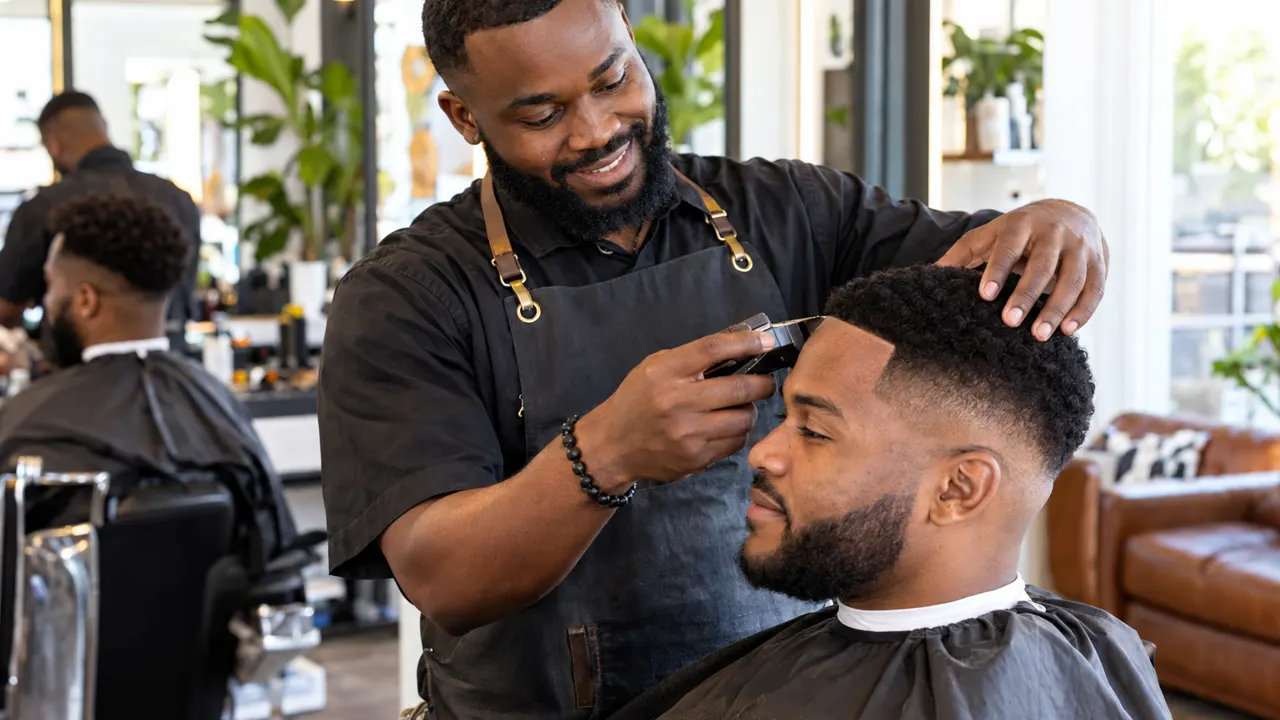 Hombre de ascendencia de África occidental, dueño de una barbería, trabajando con orgullo en su luminosa barbería, con el trabajo hermoso y bien enfocado