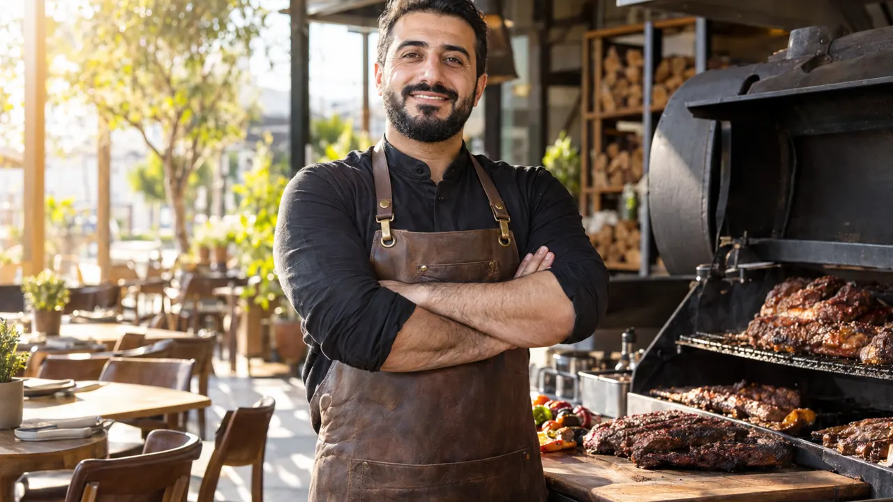 Hombre, dueño de un restaurante de BBQ, de pie con seguridad en su luminoso restaurante, relajado y sonriendo, con luz dorada de la mañana
