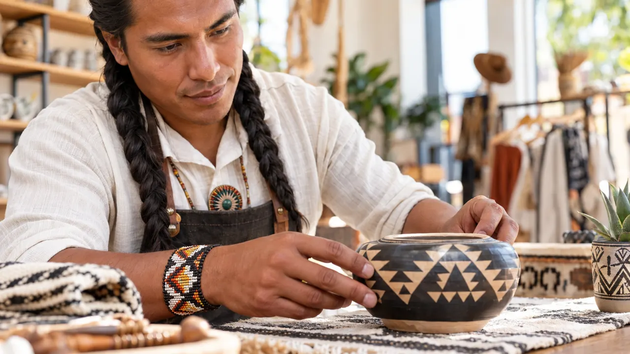 Primer plano de las manos de un hombre, dueño de una boutique, trabajando con cuidado, con el resultado terminado hermoso y bien enfocado, en su luminosa boutique…