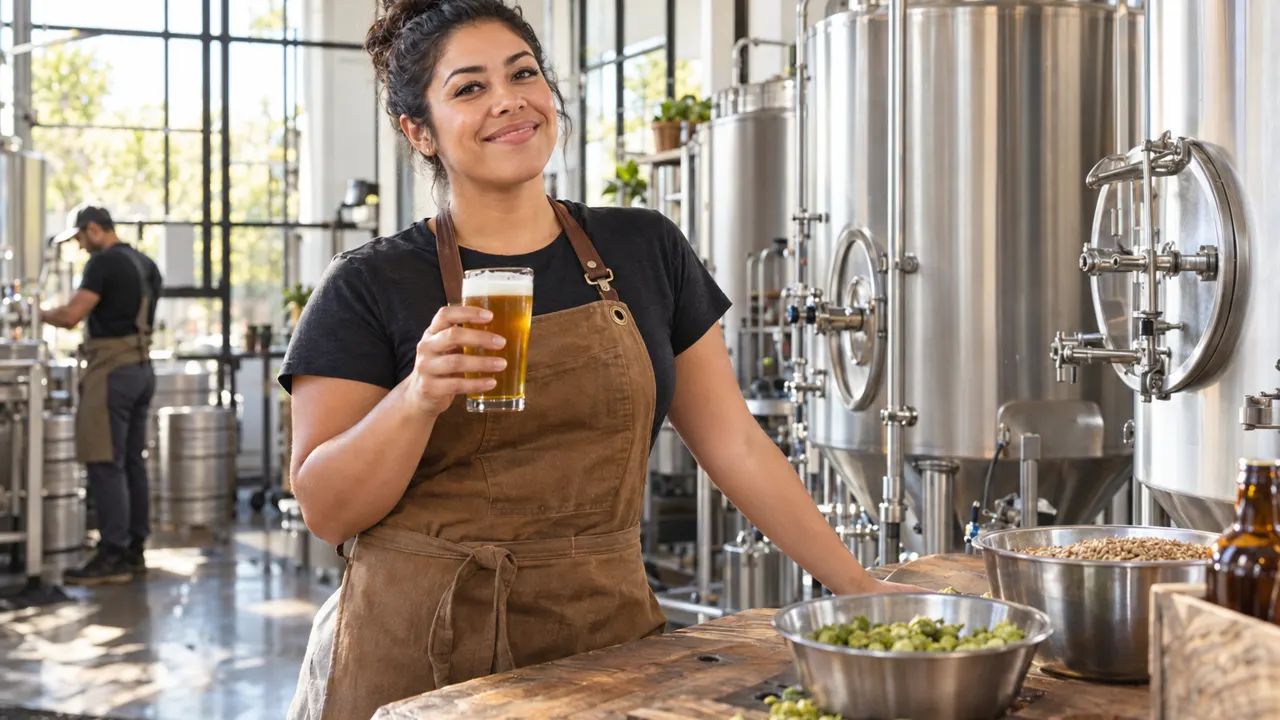 Una mujer, dueña de una cervecería, trabajando con orgullo en su luminosa cervecería, con su trabajo hermoso y bien enfocado
