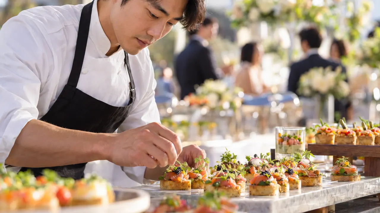Primer plano de las manos de un hombre, dueño de un negocio de catering, trabajando con cuidado, con el resultado final hermoso y bien enfocado, un ambiente luminoso…
