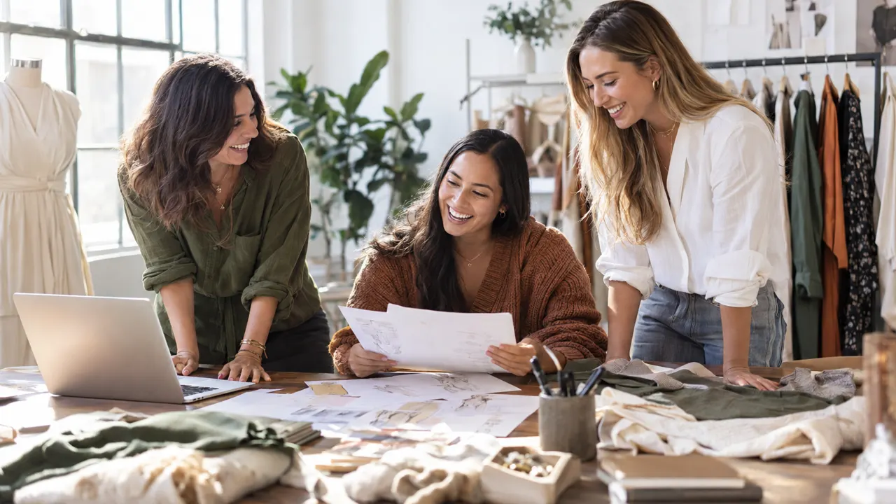 Tres amigos de unos treinta años que dirigen juntos una marca de ropa, riendo mientras trabajan en su luminosa marca de ropa