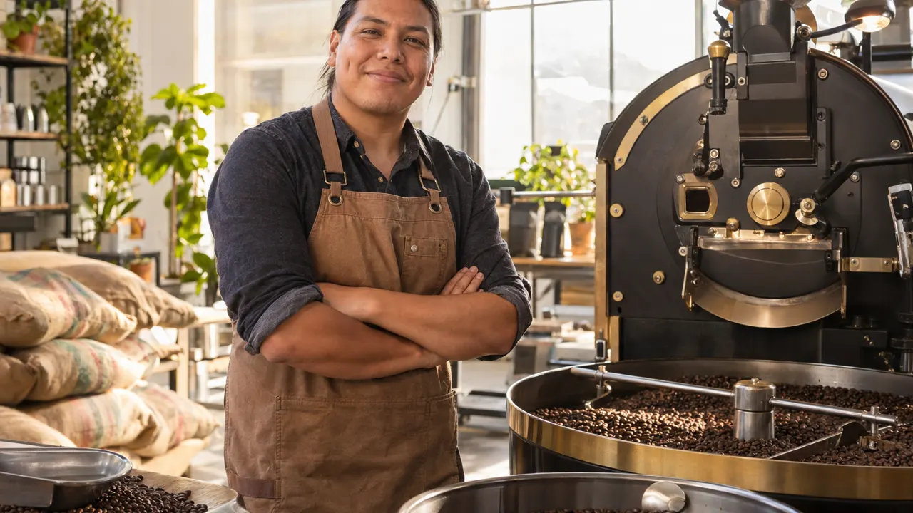 Hombre, dueño de una tostaduría de café, de pie con confianza en su luminosa tostaduría, relajado y sonriendo, con luz dorada de la mañana