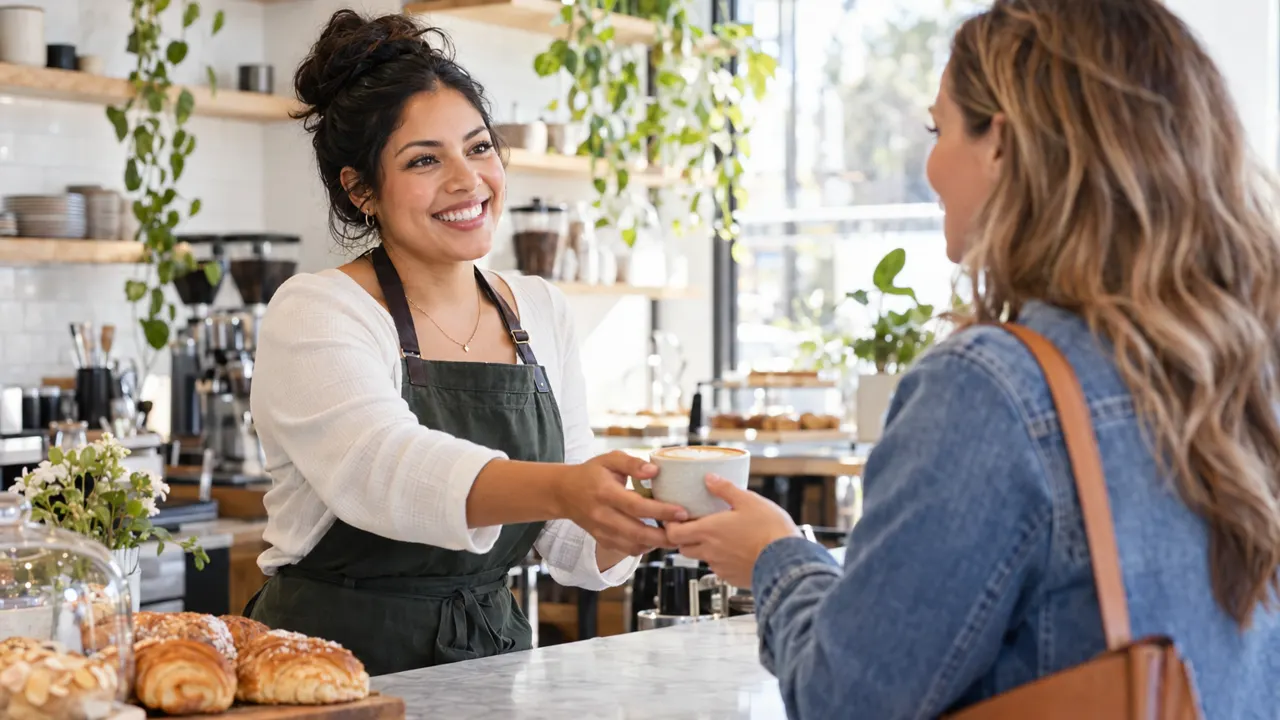 Mujer, dueña de una cafetería, atendiendo con calidez a un cliente feliz en su luminosa cafetería
