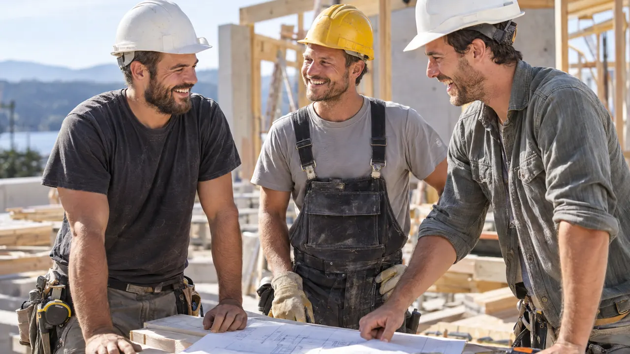 Tres amigos de unos treinta años que dirigen juntos una empresa de construcción, riendo mientras trabajan en una obra luminosa y soleada