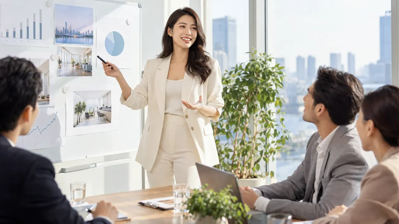 Una mujer consultora de negocios trabaja con orgullo en una sala de reuniones luminosa; el trabajo en sí se ve hermoso y nítido