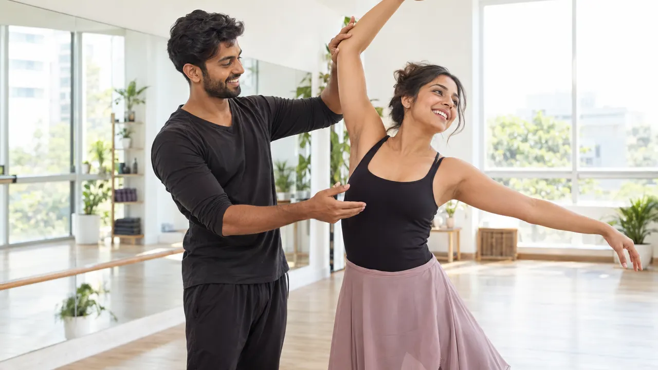 Un hombre, dueño de un estudio de danza, atiende con calidez a un cliente contento en su luminoso estudio de danza