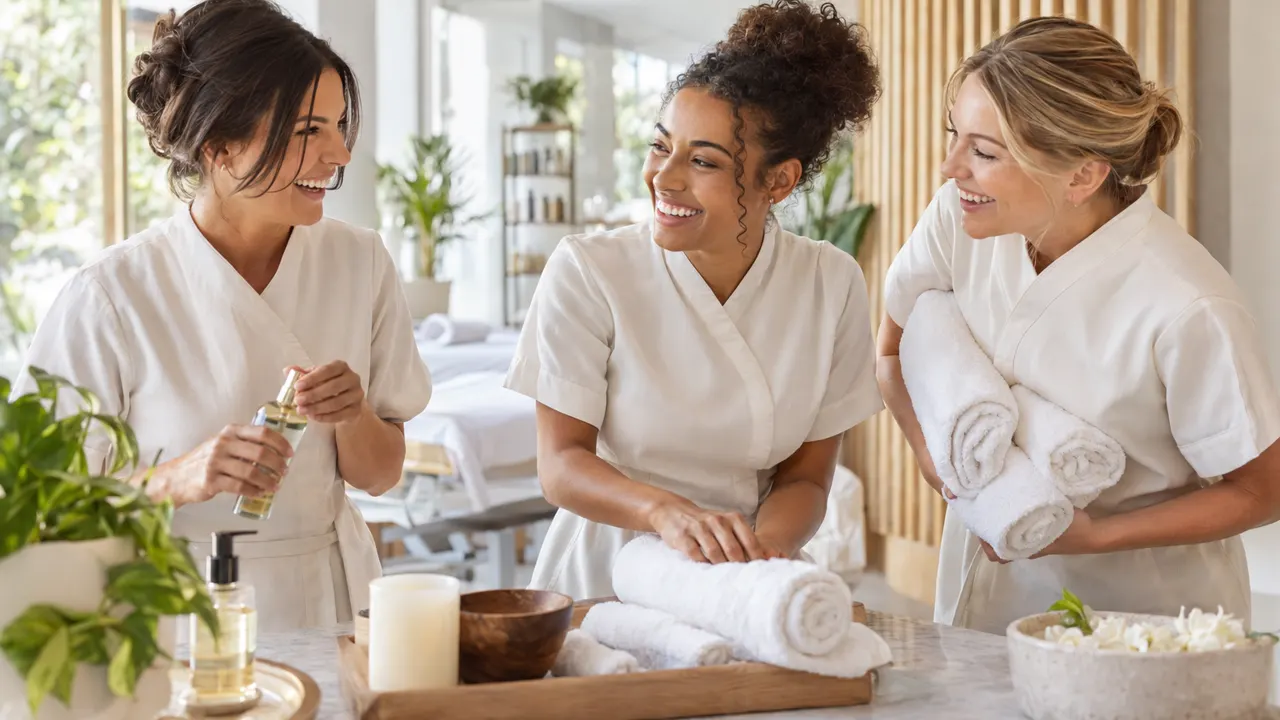 Tres amistades de unos treinta años que dirigen juntas un spa de día, riendo mientras trabajan en su luminoso spa