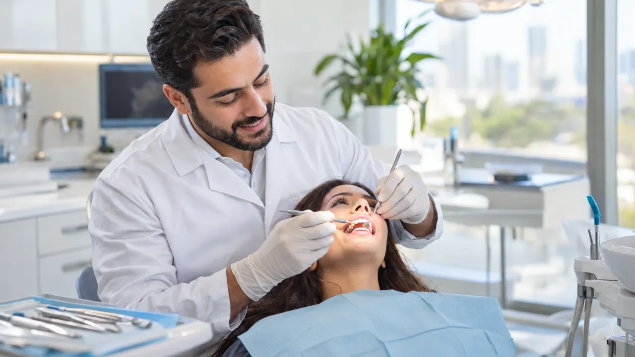 Un hombre, el dentista, trabaja con orgullo en un consultorio dental moderno y luminoso, con el trabajo en sí hermoso y bien enfocado