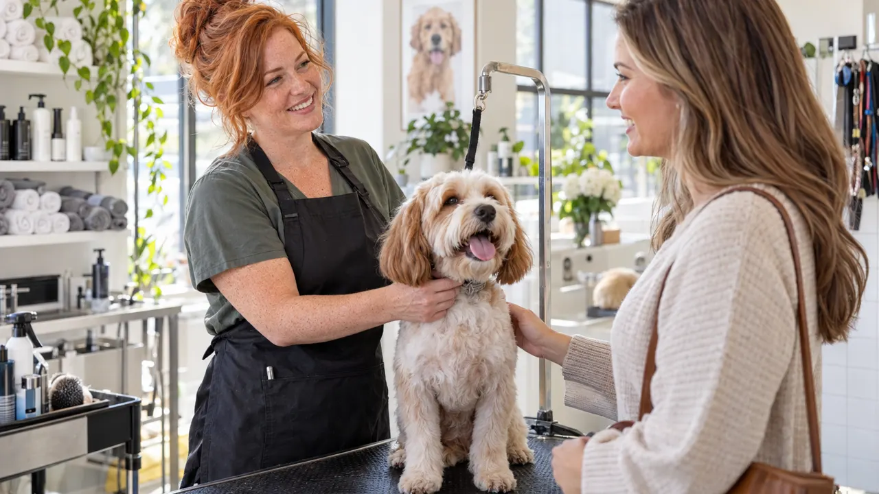 Mujer, dueña de un negocio de peluquería canina, atendiendo con calidez a un cliente feliz en su luminoso local