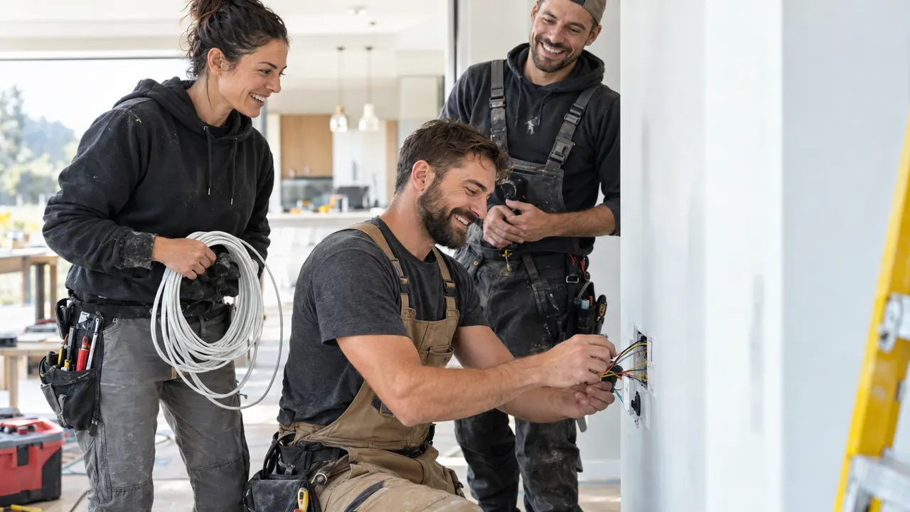 Tres amigos de unos treinta años que dirigen juntos un negocio de electricidad, riendo mientras trabajan en una casa moderna y luminosa que están terminando