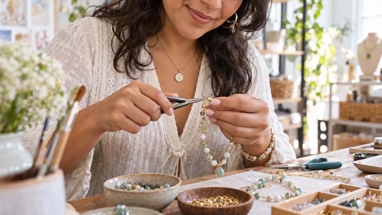 Primer plano de las manos de una mujer, la creadora de la tienda de Etsy, trabajando con cuidado, con el resultado terminado nítido y hermoso, en un luminoso taller de manualidades…