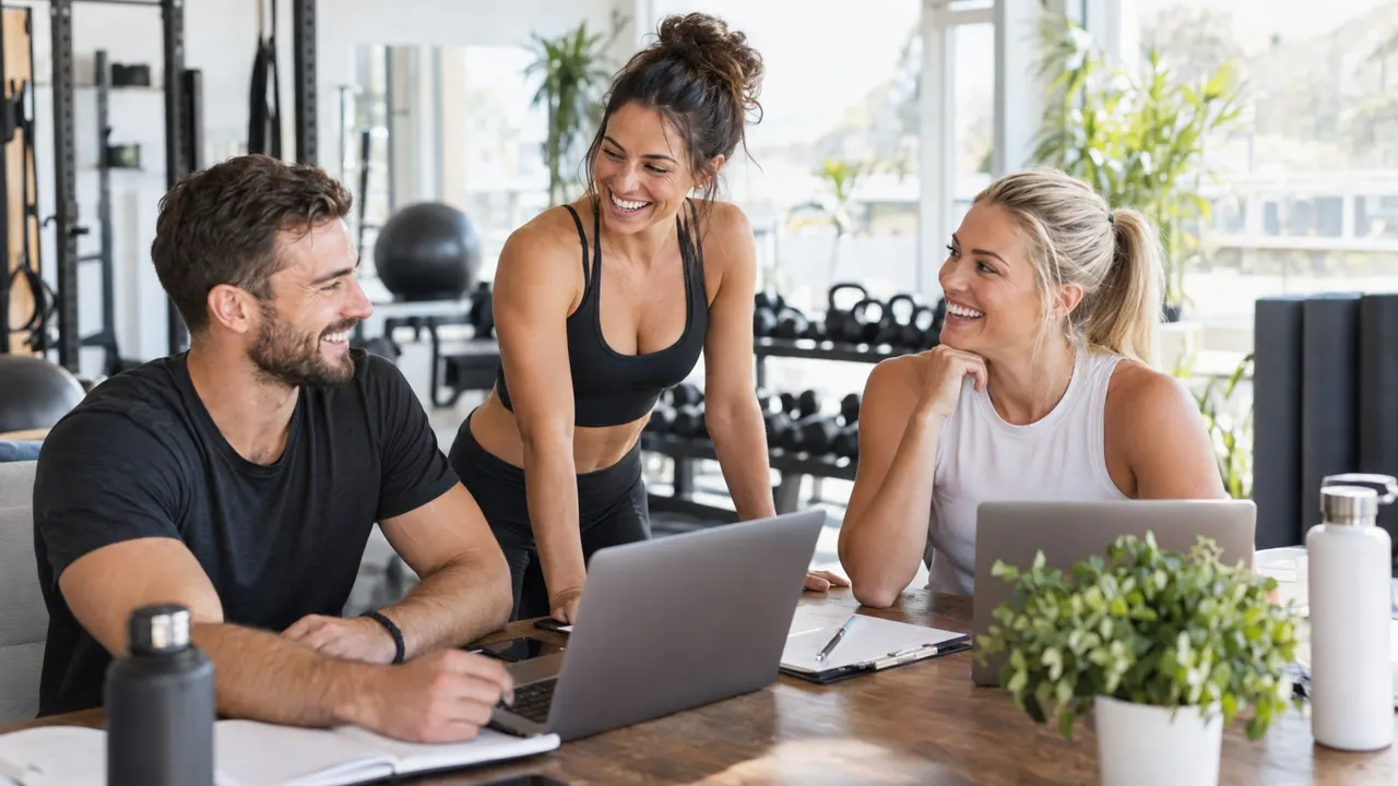 Tres amigos de unos treinta años que dirigen juntos un negocio de coaching de fitness, riendo mientras trabajan en su luminoso espacio