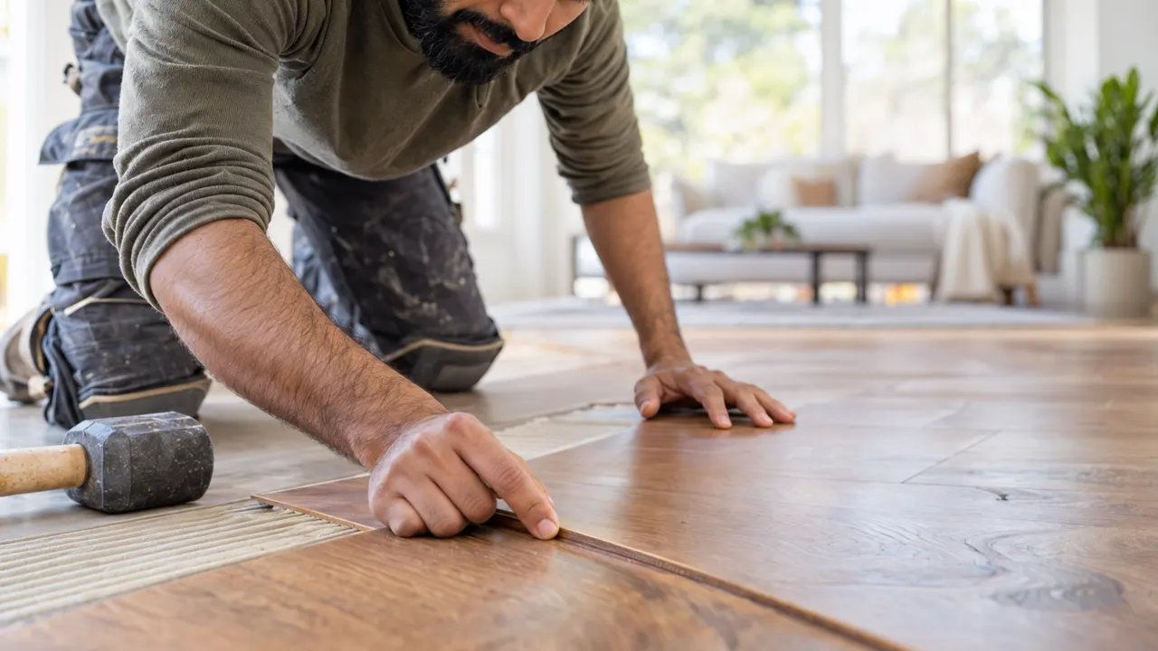 Primer plano de las manos de un hombre, dueño de una empresa de pisos, trabajando con cuidado, con el resultado terminado hermoso y bien enfocado, un hogar luminoso…