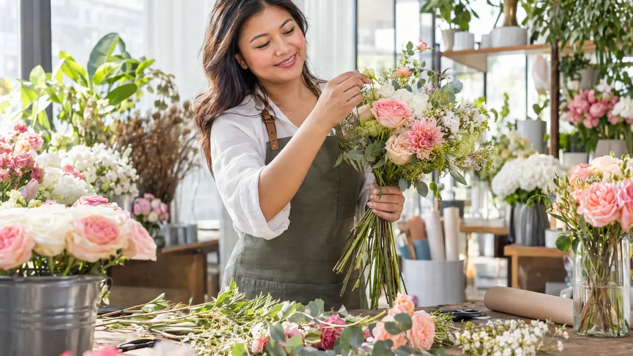 Una mujer, dueña de una floristería, trabaja con orgullo en su luminoso local; el trabajo es hermoso y se ve con total nitidez