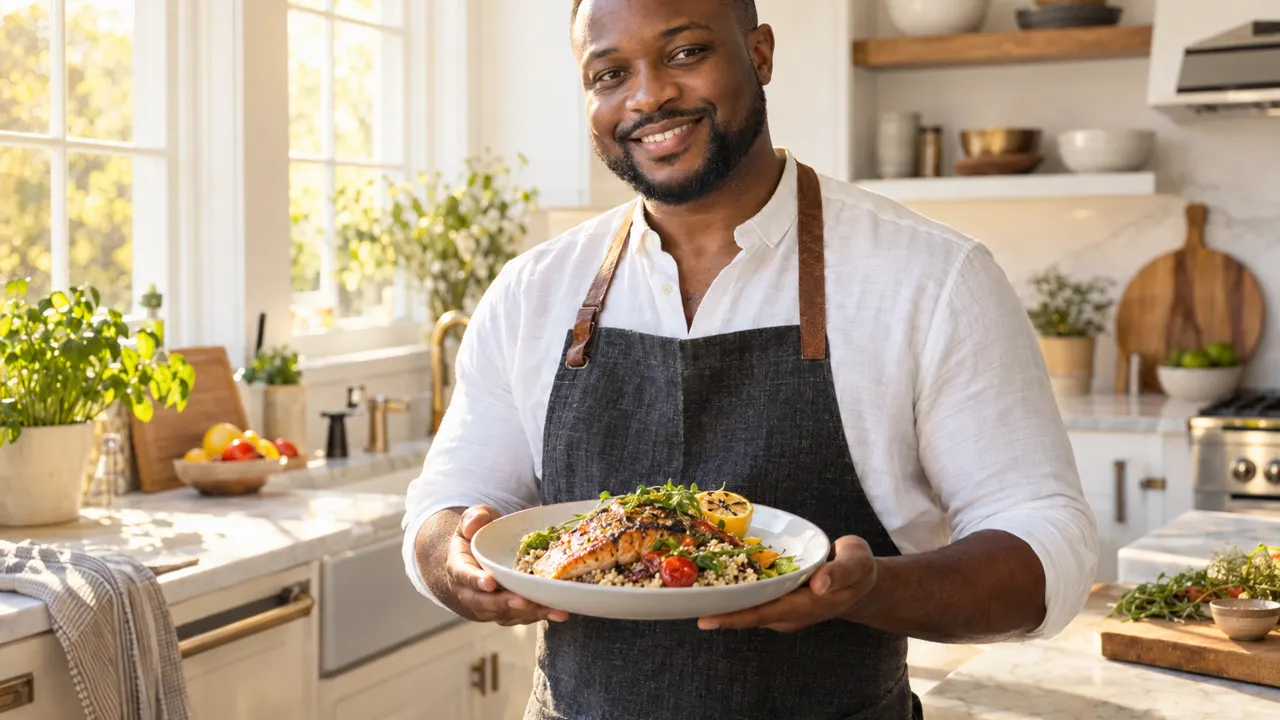 Hombre de ascendencia africana occidental, el autor del blog de cocina, de pie con seguridad en una cocina luminosa con un hermoso plato servido, relajado y sonriendo, con luz dorada de la mañana…