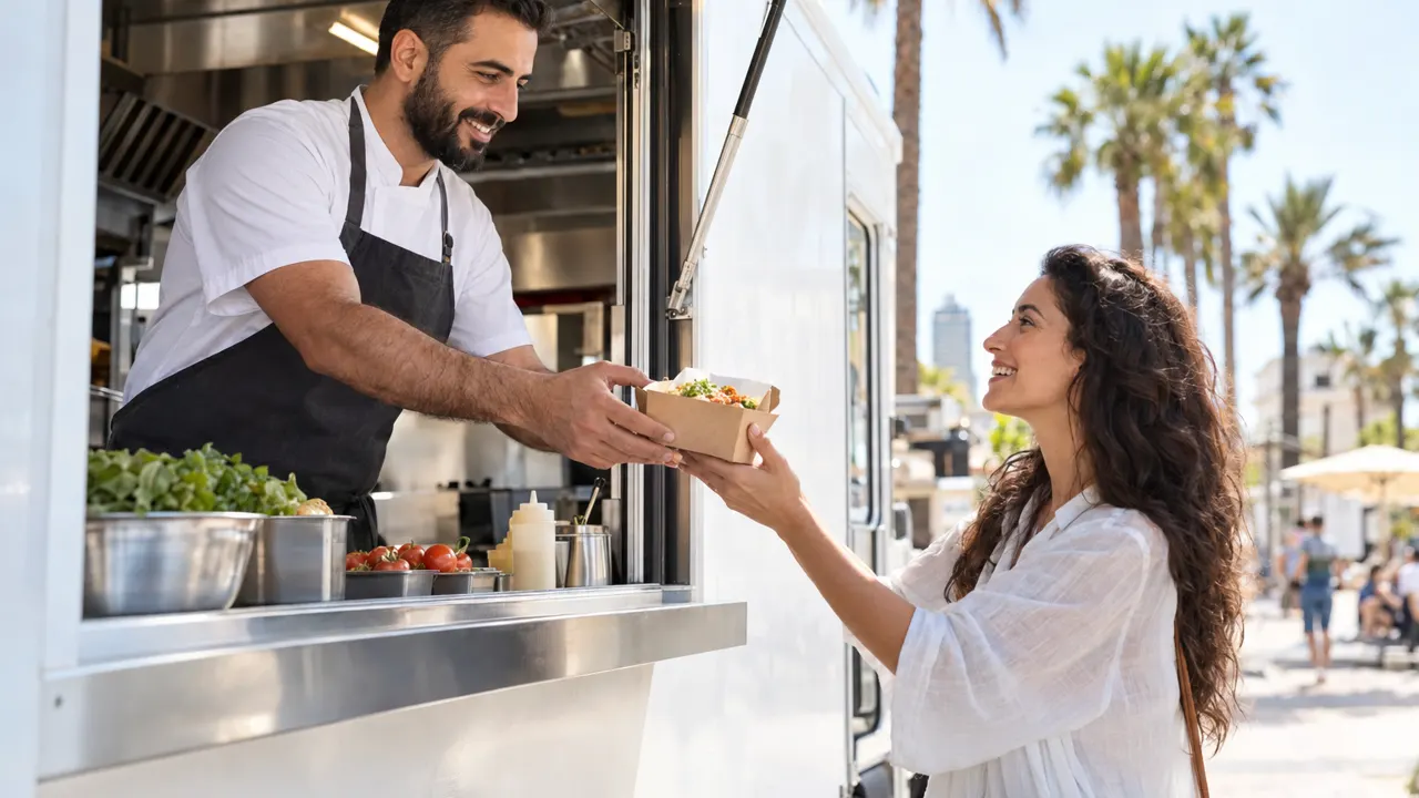 Hombre, dueño de un food truck, atendiendo con amabilidad a un cliente contento en una calle soleada, junto a un food truck sencillo