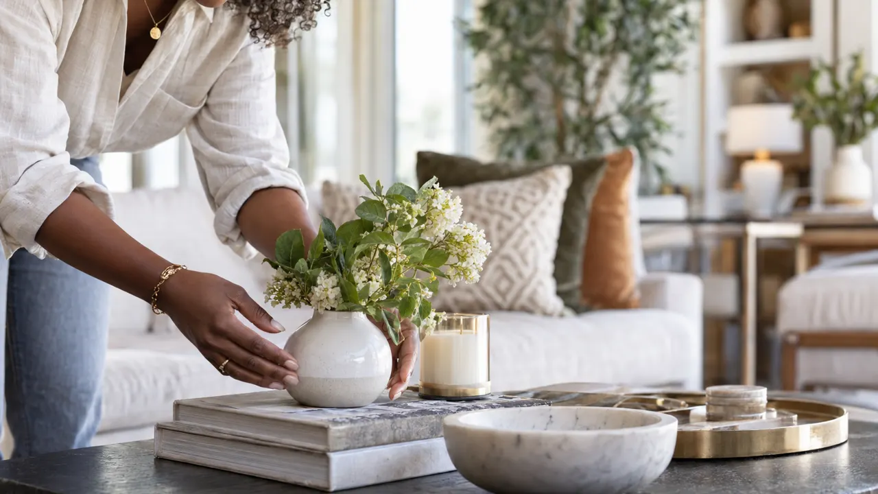 Primer plano de las manos de una mujer, dueña de un negocio de diseño de interiores, trabajando con cuidado, con el resultado final hermoso y bien enfocado,…