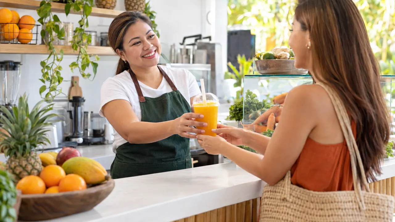 Una mujer, dueña de un bar de jugos, atiende con calidez a un cliente contento en su luminoso local