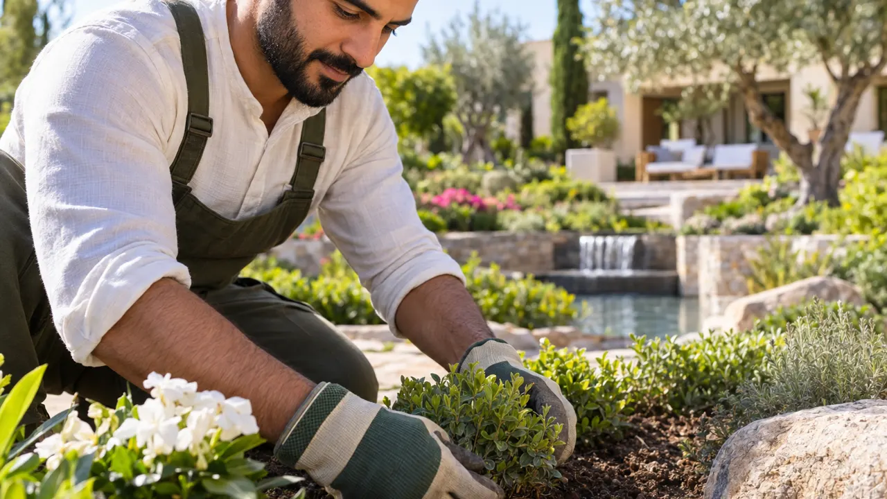 Primer plano de las manos de un hombre, dueño de un negocio de jardinería, que trabaja con esmero; el resultado final es hermoso y está bien enfocado, un soleado…