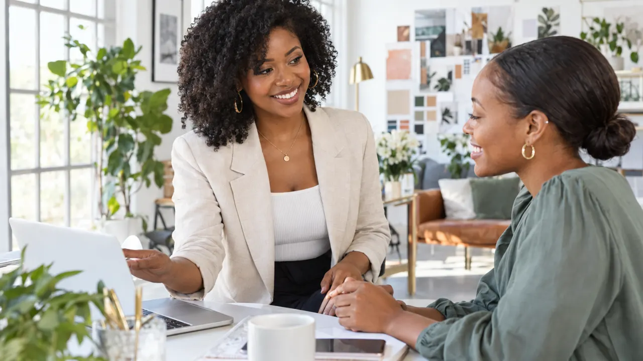 Una mujer, fundadora de una agencia de marketing, ayudando con calidez a un cliente contento en un estudio de agencia creativa y luminoso