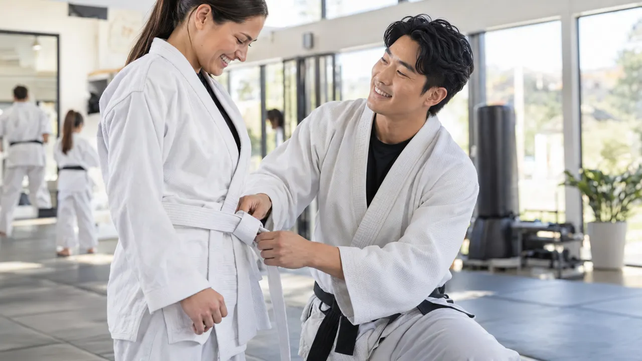 Un hombre, dueño de una escuela de artes marciales, atiende con calidez a un cliente contento en su luminosa escuela de artes marciales