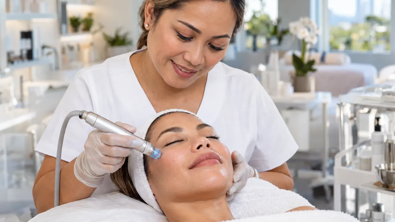 Primer plano de las manos de una mujer, dueña de un med spa, trabajando con cuidado, con el resultado final hermoso y bien enfocado, su luminoso med spa…