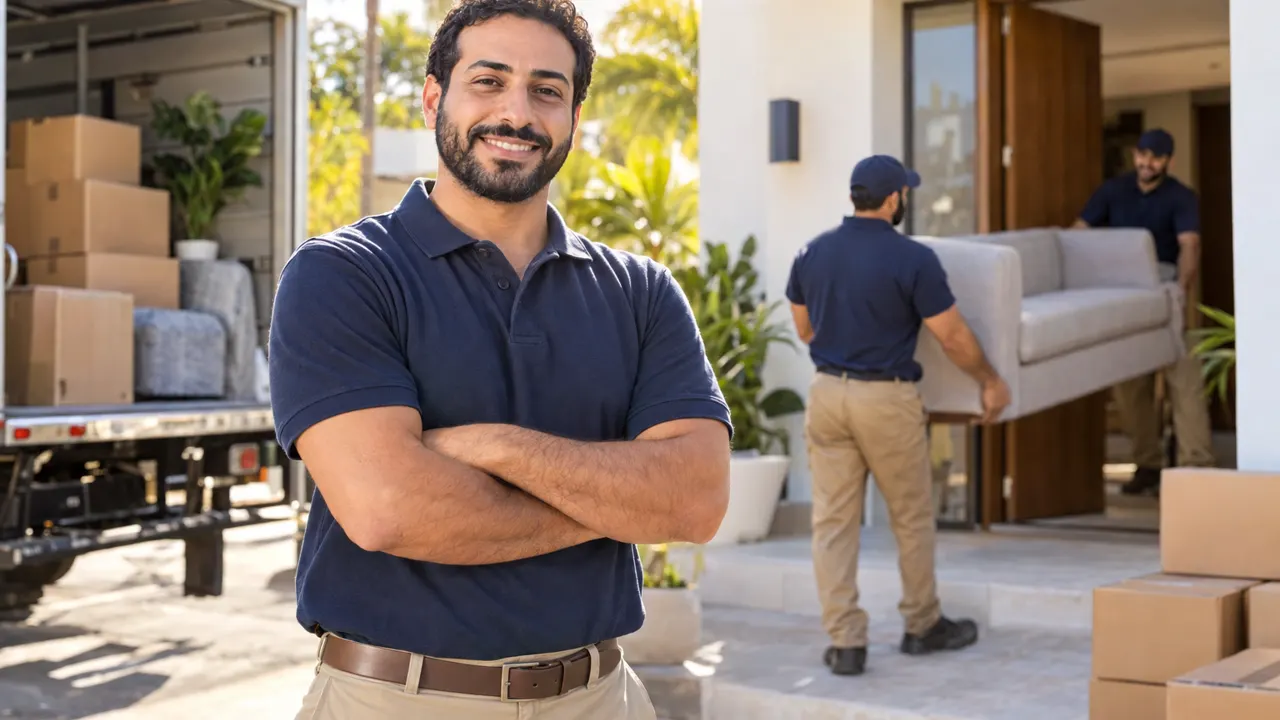 Hombre, dueño de una empresa de mudanzas, de pie con seguridad en un día de mudanza soleado y luminoso frente a una casa nueva, relajado y sonriendo, con luz dorada de la mañana