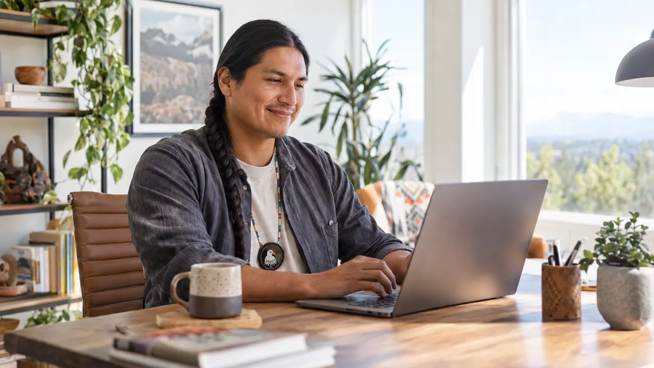 Un hombre, escritor independiente de newsletters, trabaja con orgullo en una oficina luminosa en casa, con el trabajo hermoso y bien enfocado