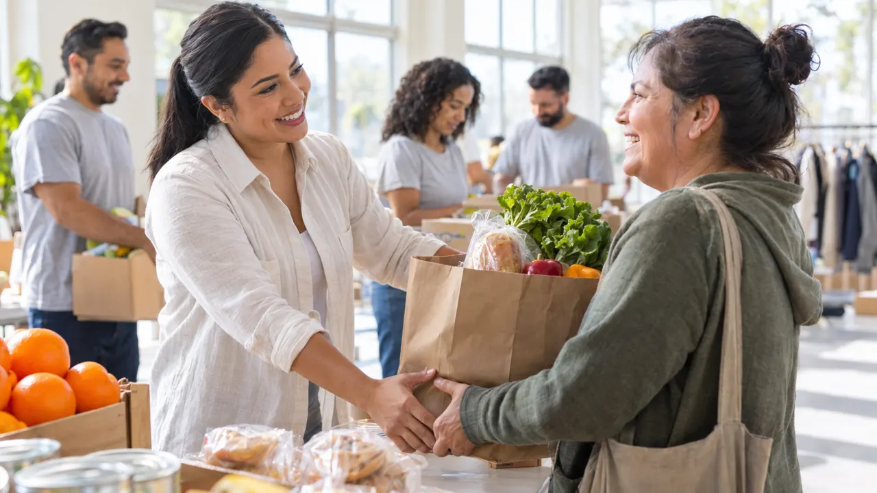 Mujer, organizadora de una organización sin fines de lucro, ayudando con calidez a un cliente contento en un luminoso centro comunitario con voluntarios