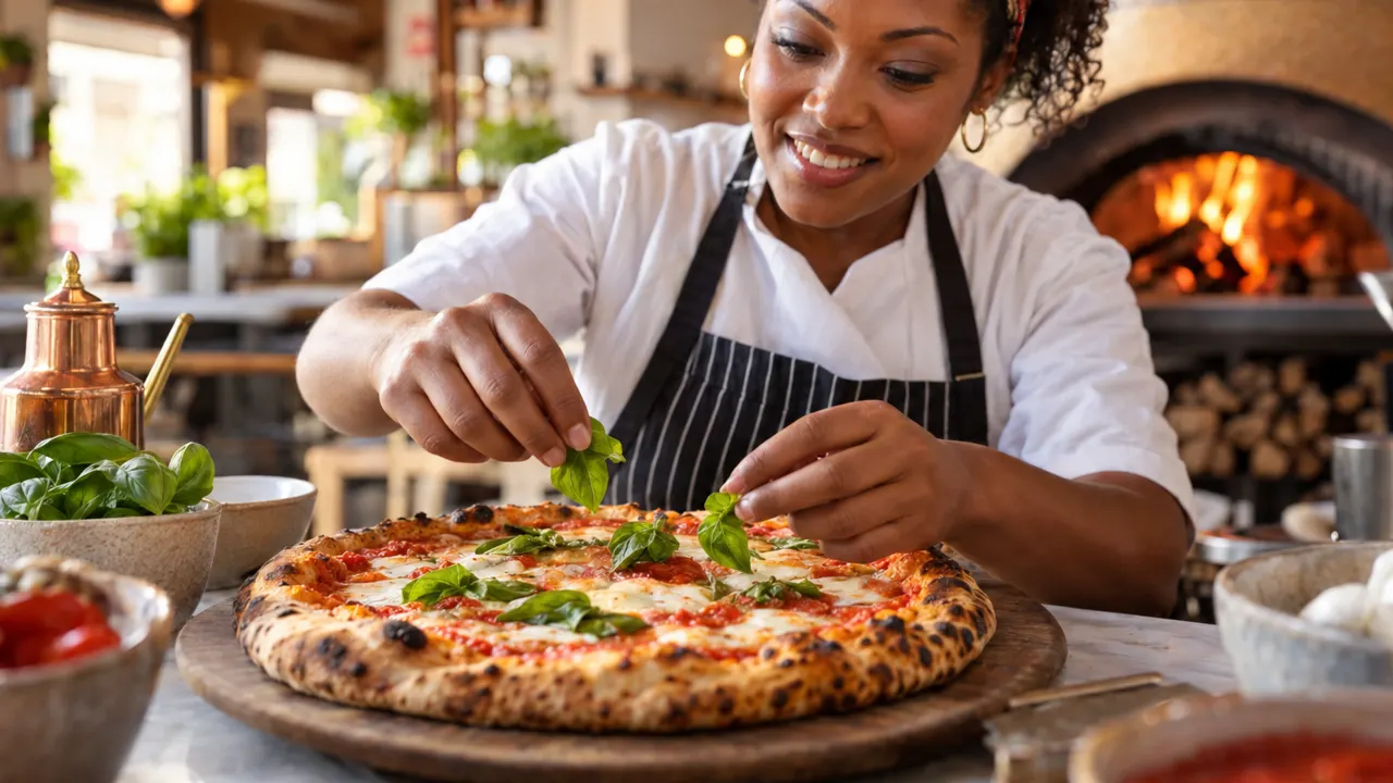 Primer plano de las manos de una mujer, dueña de una pizzería, trabajando con esmero, con el resultado final hermoso y bien enfocado, su brillante…