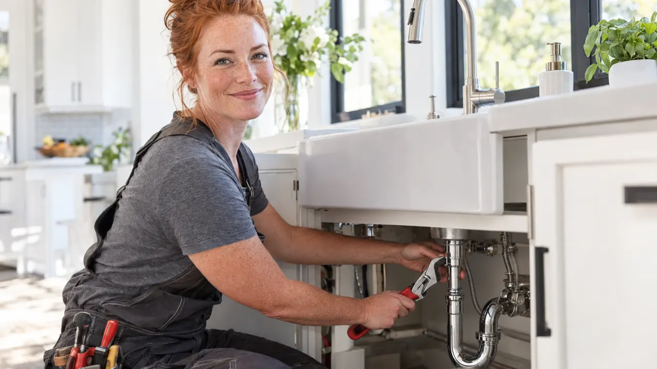 Una mujer, dueña de un negocio de plomería, trabajando con orgullo en una cocina moderna y luminosa, con el trabajo en primer plano, bello y bien enfocado
