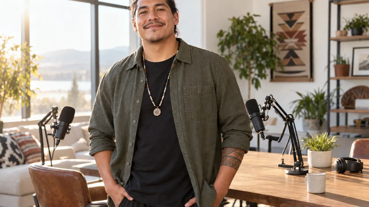 Hombre, presentador de podcast, de pie con seguridad en un estudio de podcast luminoso con micrófonos, relajado y sonriendo, con luz dorada de la mañana
