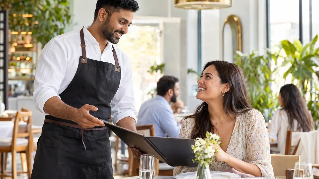 Un hombre, dueño de un restaurante, atiende con amabilidad a un cliente feliz en su luminoso restaurante