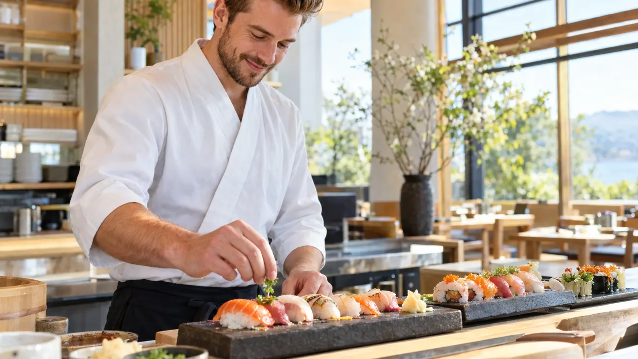 Hombre, dueño de un restaurante de sushi, trabajando con orgullo en su luminoso restaurante, con su trabajo hermoso y bien enfocado