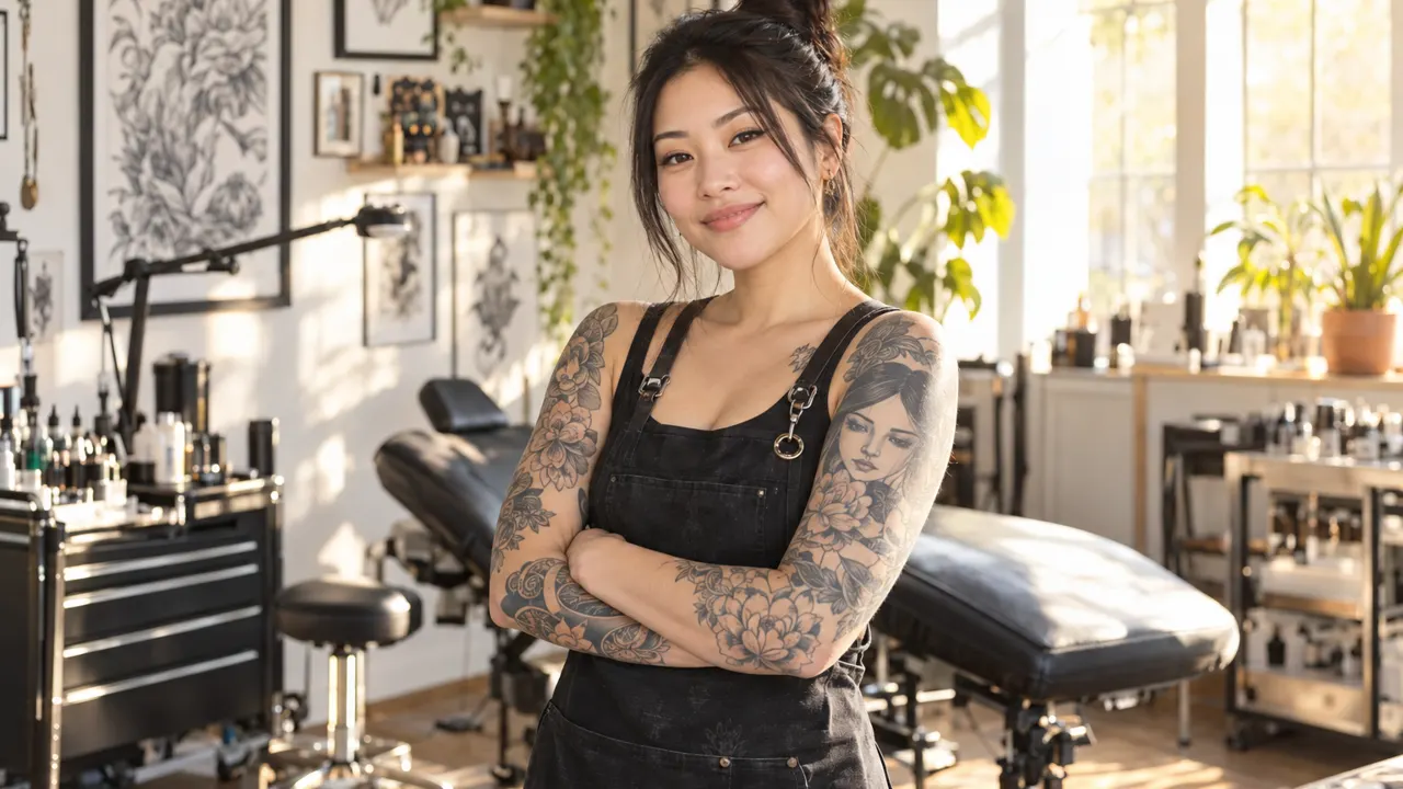 Mujer dueña de un estudio de tatuajes, de pie y con seguridad en su luminoso estudio, relajada y sonriendo, con luz dorada de la mañana