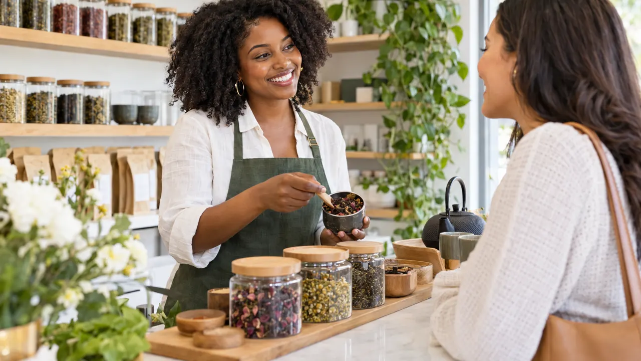 Una mujer, dueña de una marca de té, atiende con calidez a un cliente contento en su luminosa tienda de té