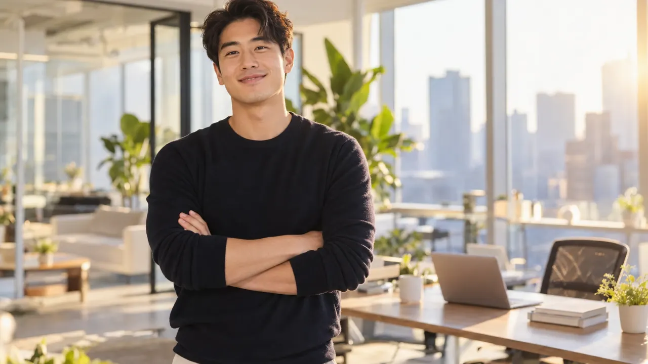 Hombre, fundador de una startup de tecnología, de pie con seguridad en una oficina moderna y luminosa, relajado y sonriendo, con luz dorada de la mañana