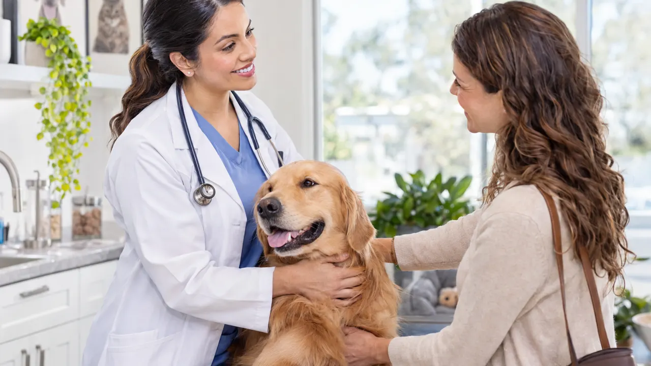 Una veterinaria atendiendo con calidez a un cliente feliz en una clínica veterinaria moderna y luminosa