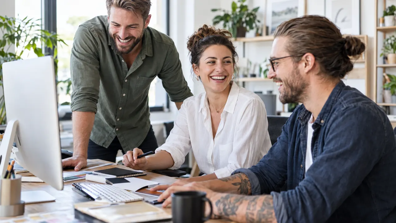 Tres amigos de unos treinta años que dirigen juntos una agencia de diseño web, riendo mientras trabajan en su luminosa agencia