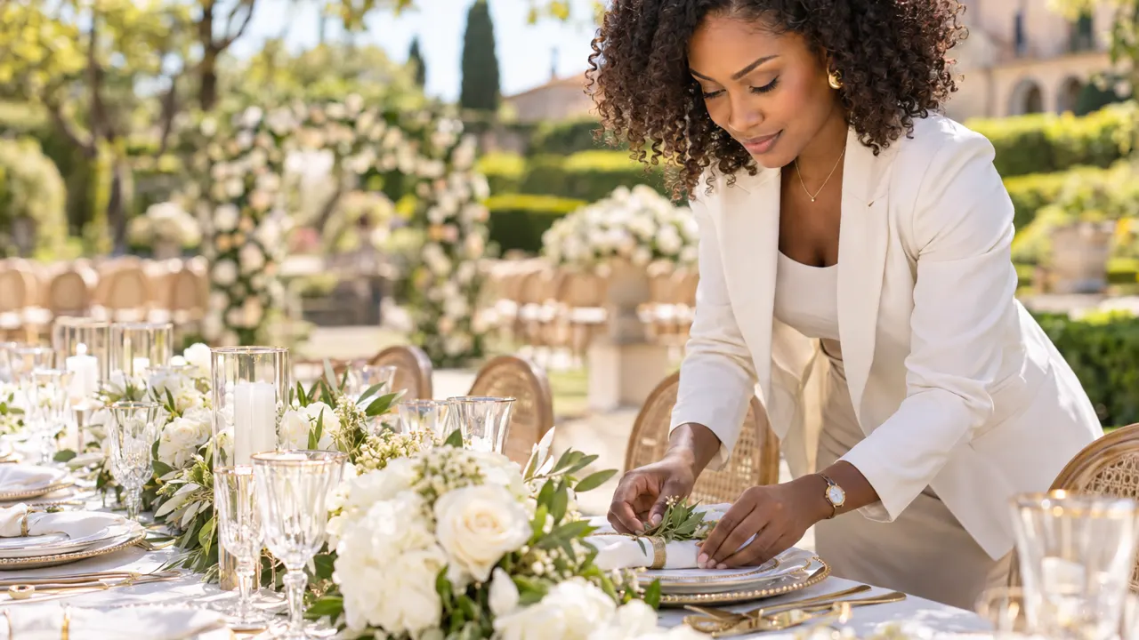 Primer plano de las manos de una mujer, dueña de un negocio de planificación de bodas, trabajando con cuidado, con el resultado terminado hermoso y bien enfocado, a…