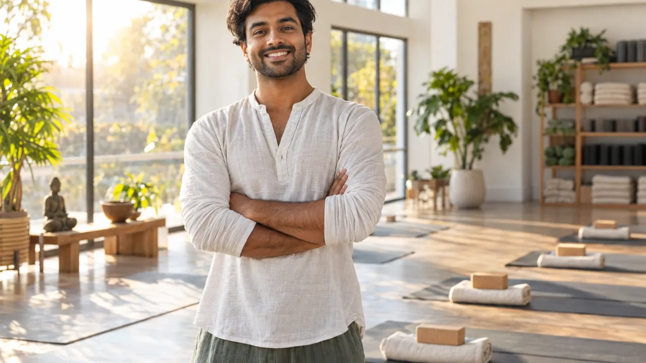 Un hombre, dueño de un estudio de yoga, de pie con confianza en su luminoso estudio, relajado y sonriendo, con la luz dorada de la mañana