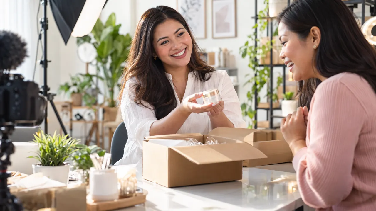 Una mujer, creadora de YouTube, atendiendo con calidez a un cliente contento en un estudio luminoso con luces suaves