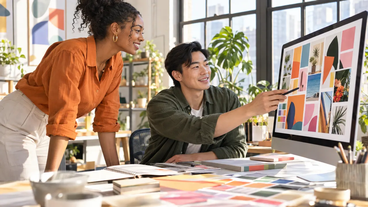 Dos fundadores, una mujer y un hombre, revisan en un monitor grande tableros de inspiración de marca con bloques de color y formas, en un luminoso estudio tipo loft