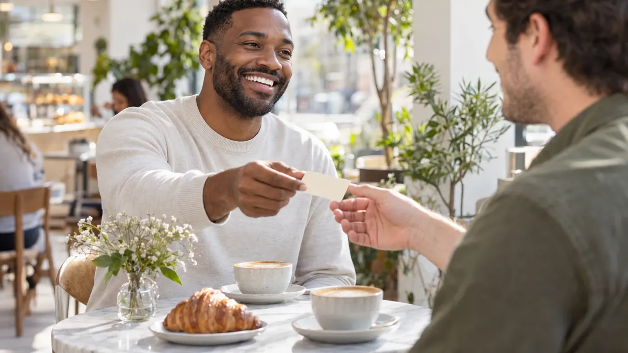 Un hombre sonriente entrega una tarjeta lisa color crema a un cliente contento al otro lado de una mesa luminosa de una cafetería