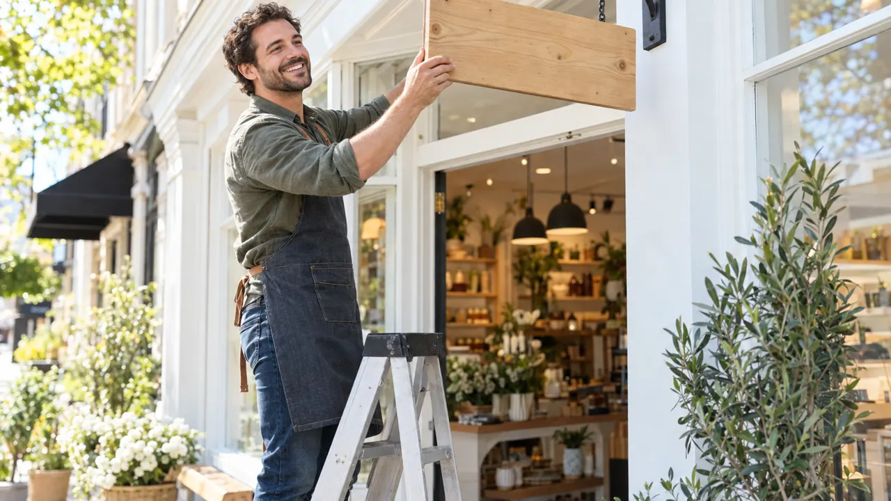 Una persona dueña de una tienda, sonriente, sobre una escalera baja, colgando un letrero en blanco de madera natural sobre una fachada luminosa recién pintada, en una mañana soleada