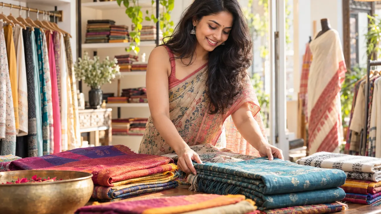 A smiling woman arranging colorful handwoven textiles in her bright boutique, warm sunlight