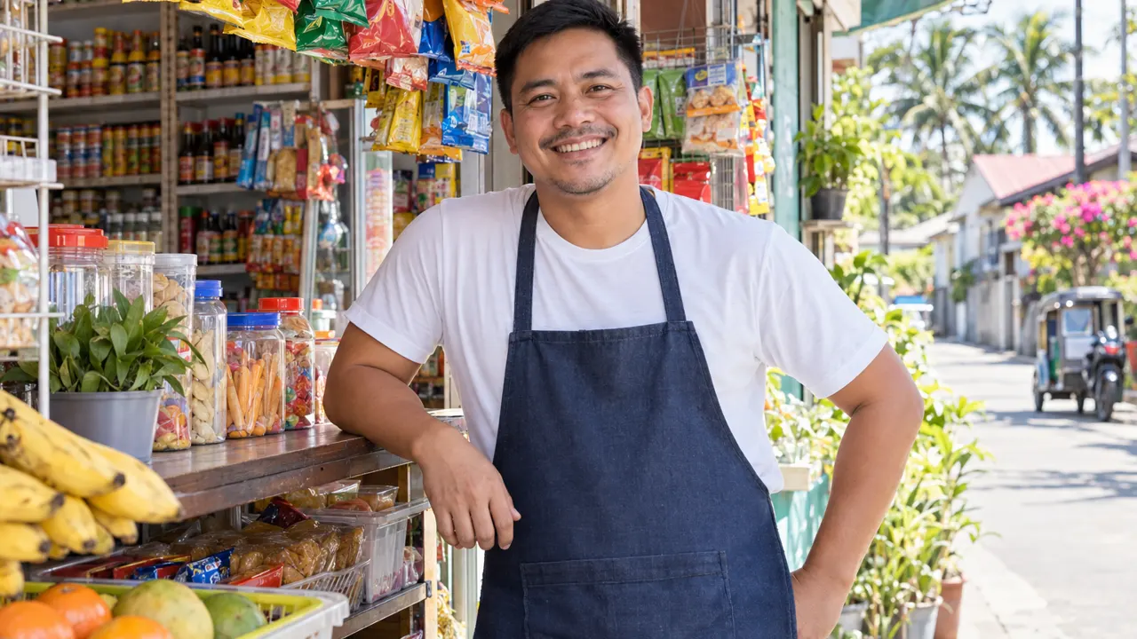 Un hombre sonriente en la luminosa tienda de su esquina, surtida de snacks de colores, en una calle soleada